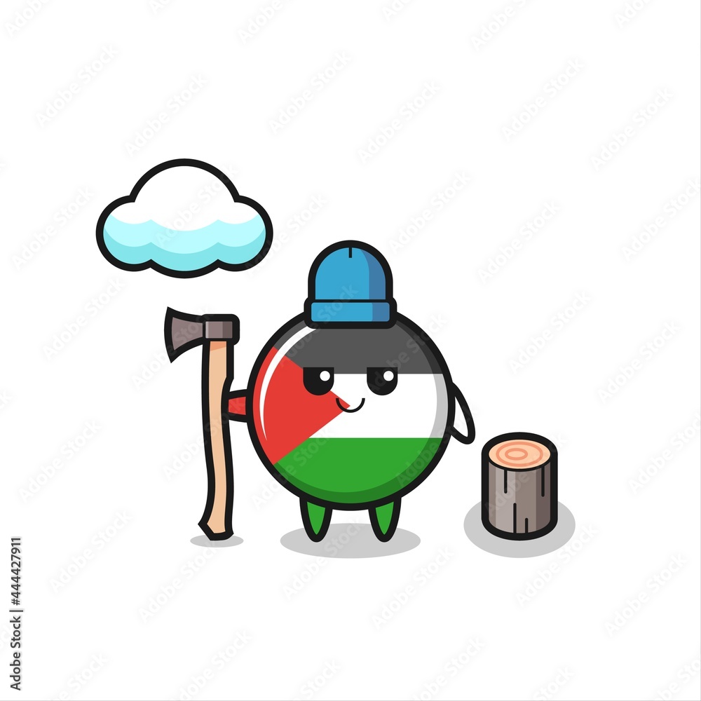 Character cartoon of palestine flag badge as a woodcutter