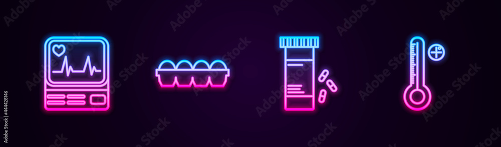 Set line Monitor with cardiogram, Chicken egg in box, Medicine bottle and pills and Medical digital thermometer. Glowing neon icon. Vector Set line Monitor with cardiogram, Chicken egg in box, Medicine bottle and pills and Medical digital thermometer. Glowing neon icon. Vector