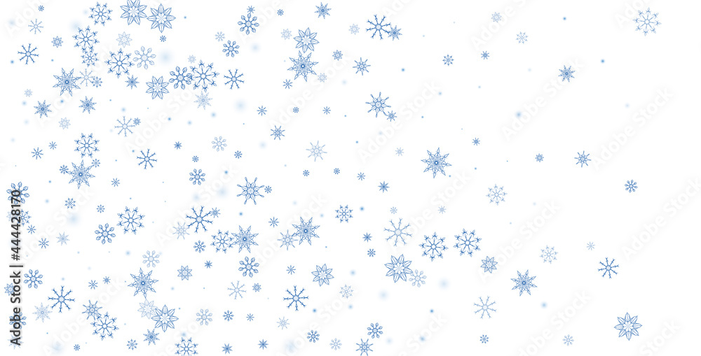 Blue delicate openwork snowflakes scatter on a white background. Festive background, postcard design, wallpaper Blue delicate openwork snowflakes scatter on a white background. Festive background, postcard design, wallpaper