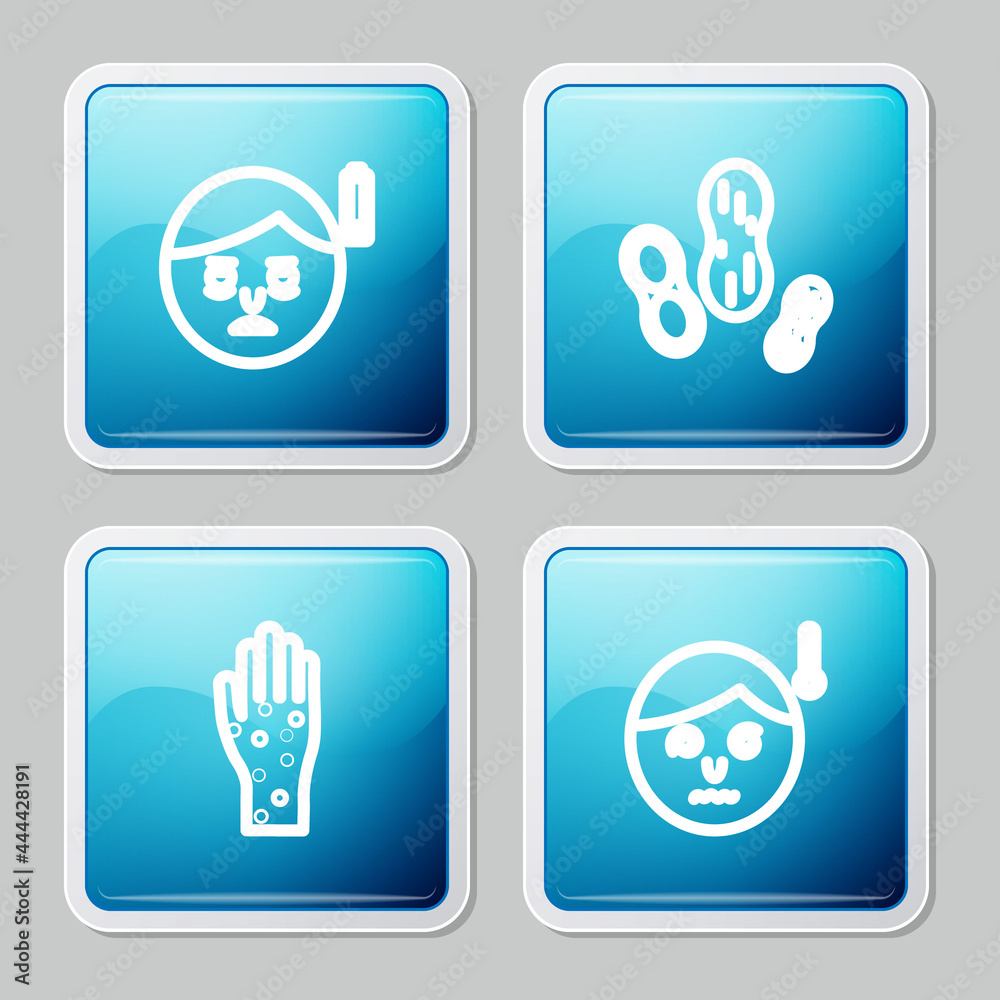 Set line Fatigue, Peanut, Hand with psoriasis or eczema and High human body temperature icon. Vector Set line Fatigue, Peanut, Hand with psoriasis or eczema and High human body temperature icon. Vector