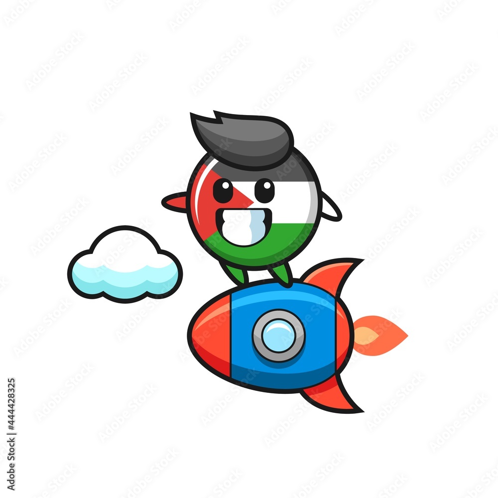 Obraz premium palestine flag badge mascot character riding a rocket