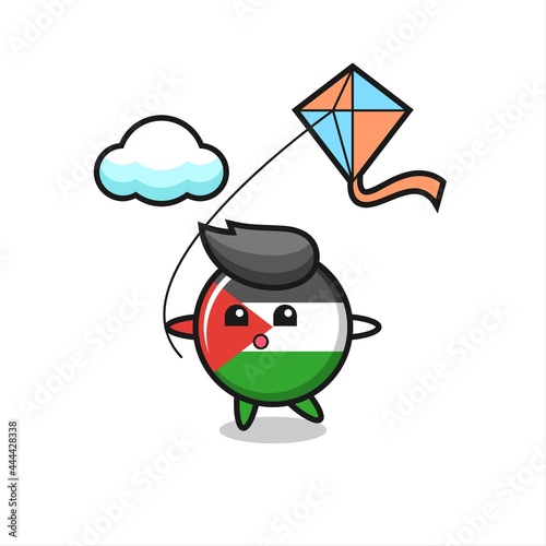 palestine flag badge mascot illustration is playing kite