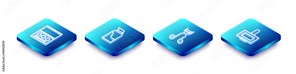 Set Isometric line Eye shadow palette, Cream cosmetic tube, Eyelash curler and Nail polish bottle icon. Vector