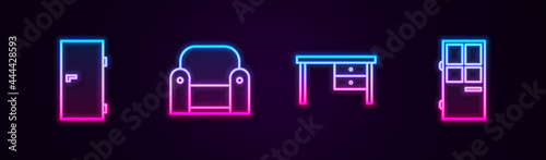 Set line Closed door, Armchair, Office desk and . Glowing neon icon. Vector