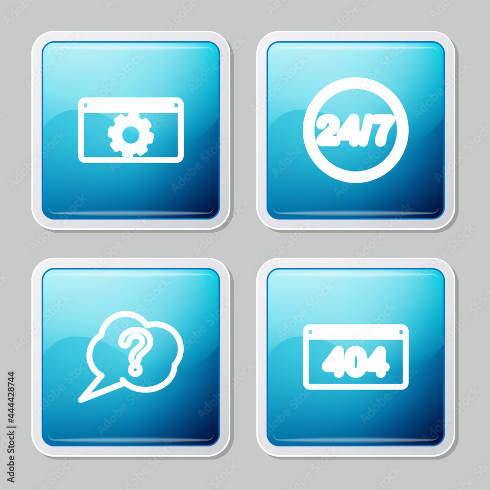 Set line Setting, Clock 24 hours, Speech bubble Question and Page with a 404 error icon. Vector Set line Setting, Clock 24 hours, Speech bubble Question and Page with a 404 error icon. Vector