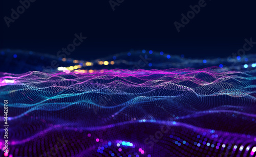 Cyberdata flow. Blockchain data fields. Cyberspace. Digital generation  electronic field  processed data waves  big data analytics. 3D illustration music waves