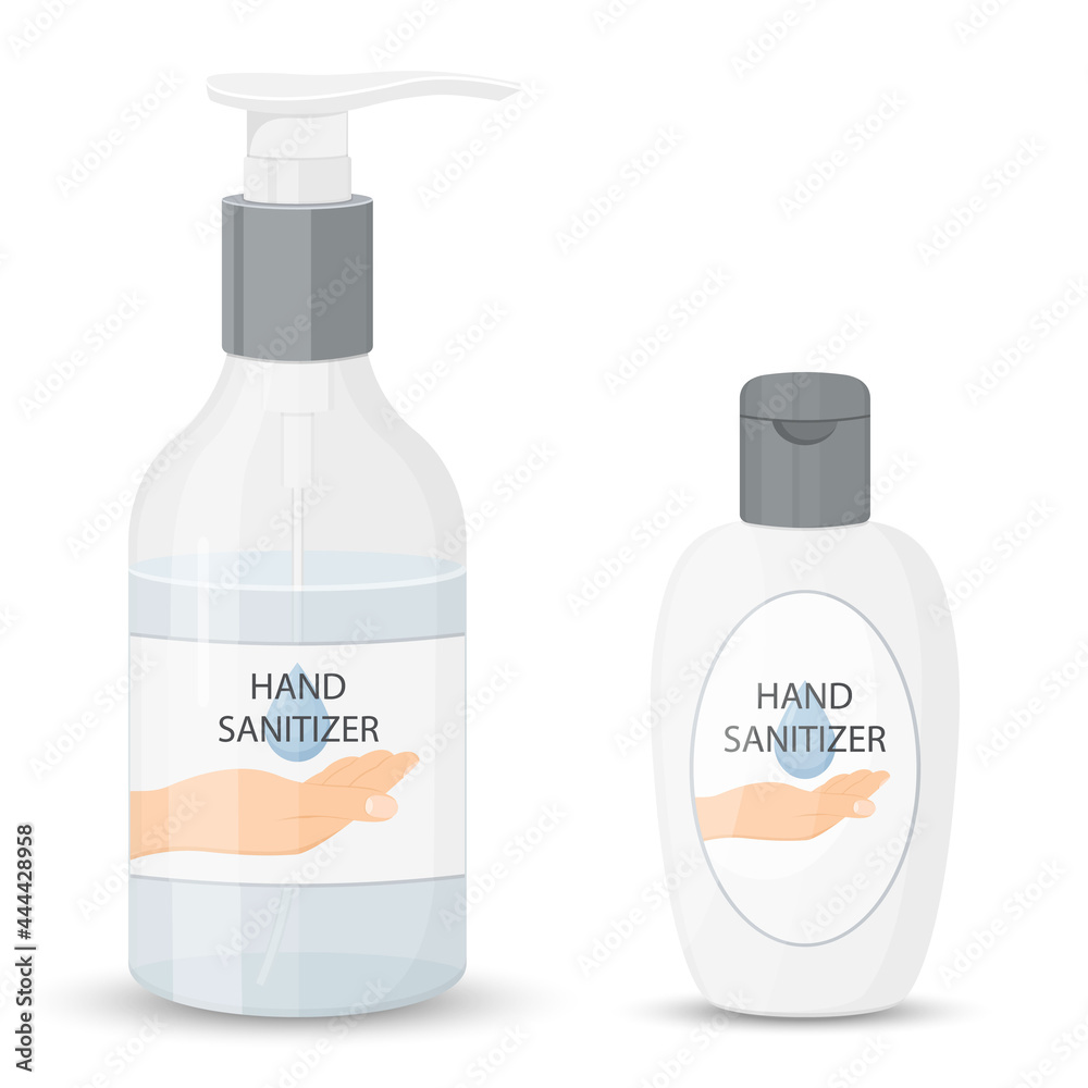Hand sanitizer bottle isolated with pump. Washing alcohol gel used against viruses, bacteria, flu, coronavirus. Waterless hand cleaner. Handwashing. Vector illustration, flat design Hand sanitizer bottle isolated with pump. Washing alcohol gel used against viruses, bacteria, flu, coronavirus. Waterless hand cleaner. Handwashing. Vector illustration, flat design