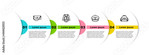 Set line Clutch bag, Blazer or jacket, Police cap with cockade and Sport. Business infographic template. Vector