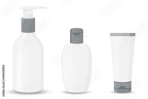 Set of antibacterial hand sanitizers mockups isolated on white background. Vector flat illustration
