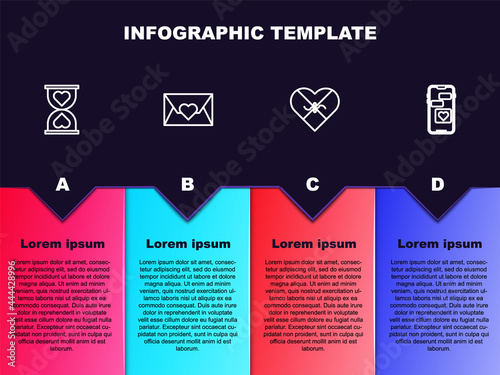 Set line Heart in the center hourglass, Envelope with Valentine heart, Candy shaped box and Mobile. Business infographic template. Vector