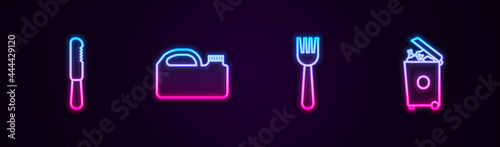 Set line Disposable plastic knife, Canister for machine oil, fork and Trash can. Glowing neon icon. Vector