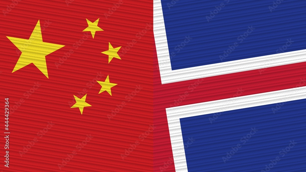 Fototapeta premium Iceland and China Flags Together Fabric Texture Illustration Background