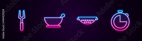 Set line Barbecue fork, Mortar and pestle, Kitchen colander and timer. Glowing neon icon. Vector