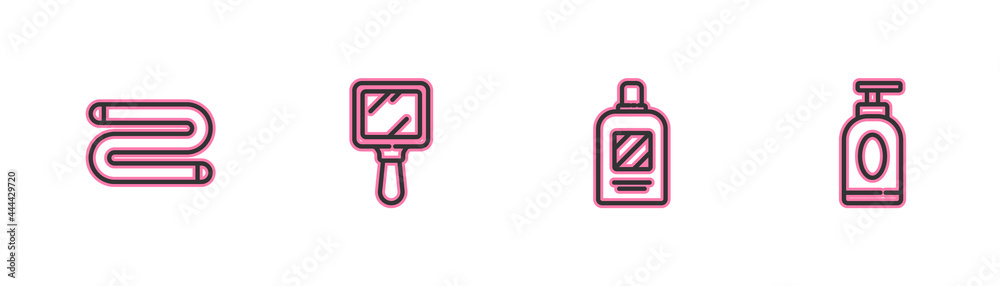 Set line Towel, Bottle of shampoo, Hand mirror and Cream lotion cosmetic tube icon. Vector Set line Towel, Bottle of shampoo, Hand mirror and Cream lotion cosmetic tube icon. Vector