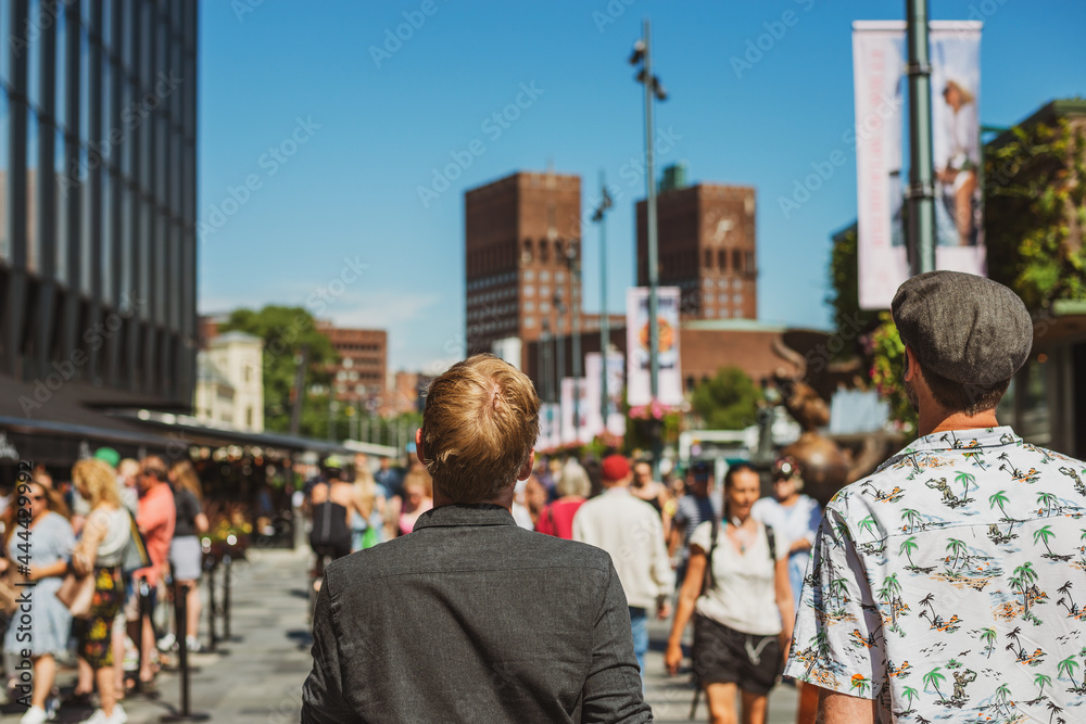 Summer holiday in Europe. People walking in central Oslo, Norway.