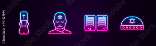 Set line Priest, Man with third eye, The commandments and Jewish kippah star of david. Glowing neon icon. Vector