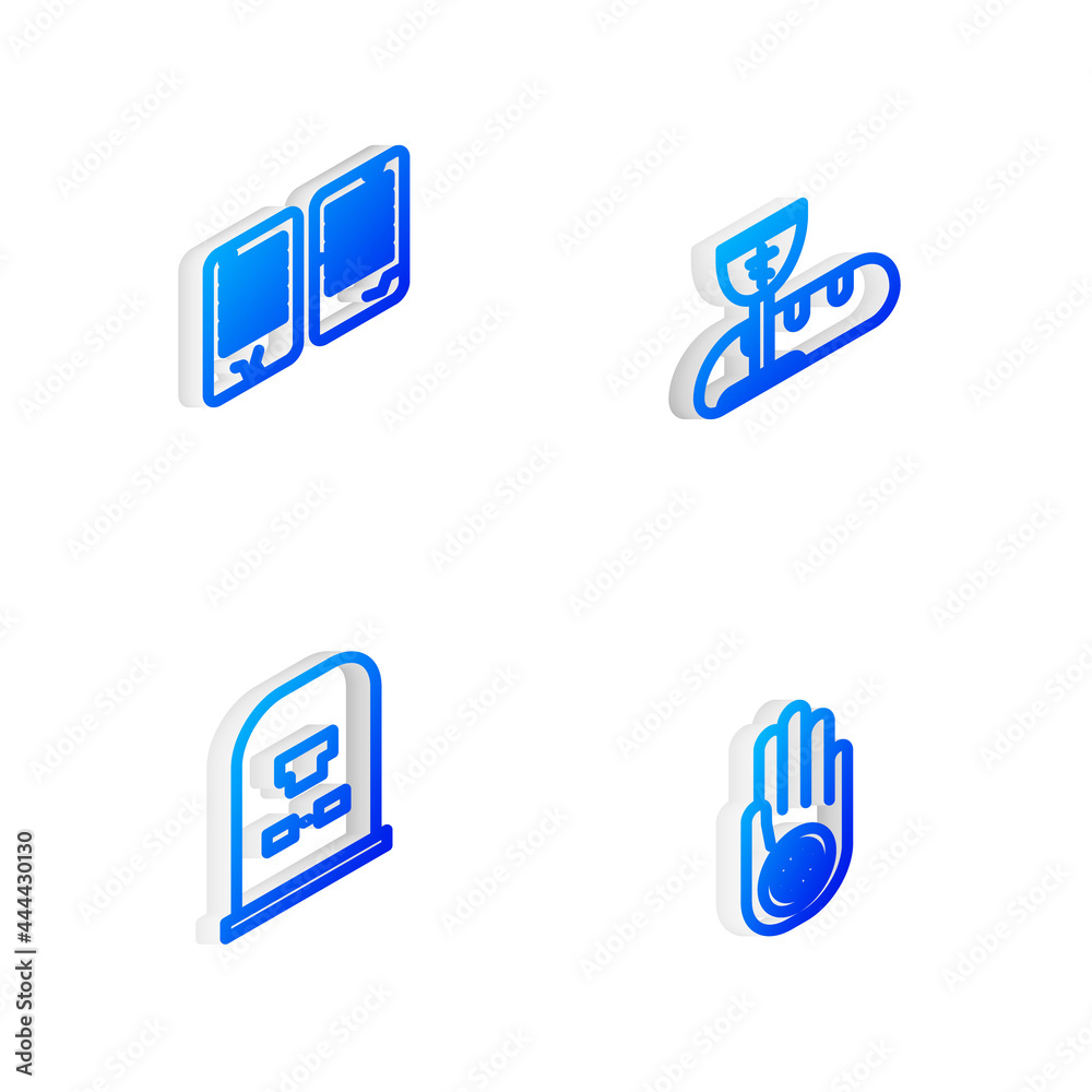 Set Isometric line First communion symbols, The commandments, Tombstone with RIP written and Jainism or Jain Dharma icon. Vector Set Isometric line First communion symbols, The commandments, Tombstone with RIP written and Jainism or Jain Dharma icon. Vector