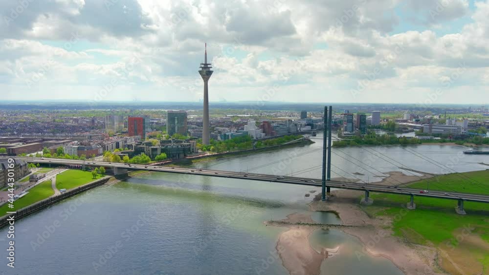 Dusseldorf: Aerial view of city in Germany, skyline with bridge over river Rhine - landscape panorama of Europe from above