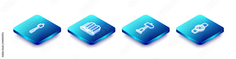 Set Isometric line Marshmallow on stick, Location of the forest in laptop, Road traffic signpost and Smart watch showing heart beat rate icon. Vector Set Isometric line Marshmallow on stick, Location of the forest in laptop, Road traffic signpost and Smart watch showing heart beat rate icon. Vector
