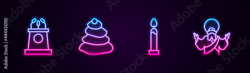 Set line Stage stand or tribune, Stack hot stones, Burning candle and Jesus Christ. Glowing neon icon. Vector