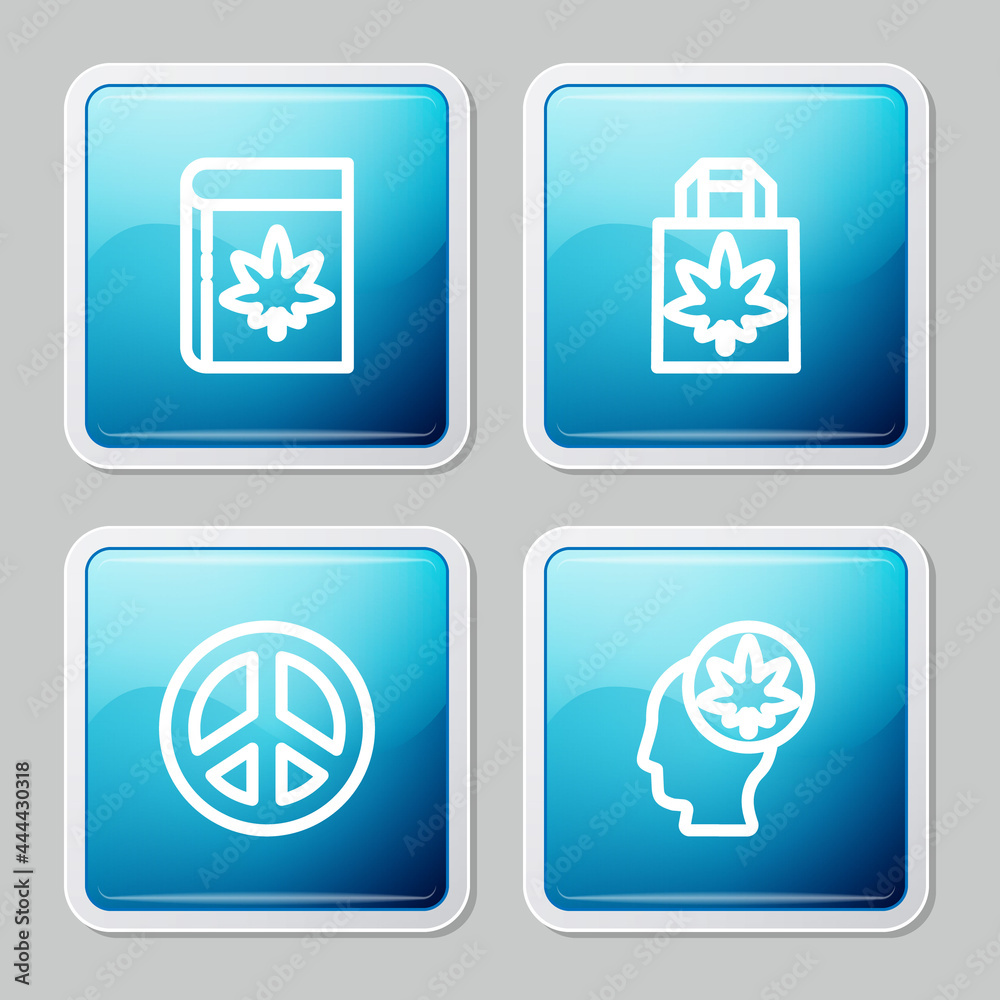 Set line Book and marijuana or cannabis, Shopping paper bag of, Peace and Head with icon. Vector Set line Book and marijuana or cannabis, Shopping paper bag of, Peace and Head with icon. Vector