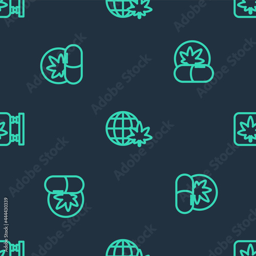 Set line Legalize marijuana globe, Herbal ecstasy tablets and Marijuana and cannabis store on seamless pattern. Vector