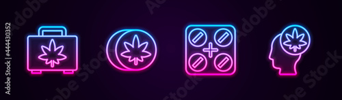 Set line Shopping box of marijuana, Herbal ecstasy tablets, Medical pills with and Head or cannabis. Glowing neon icon. Vector