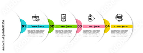 Set line Remove shopping basket, Smartphone with dollar, Discount percent tag and Price Free. Business infographic template. Vector