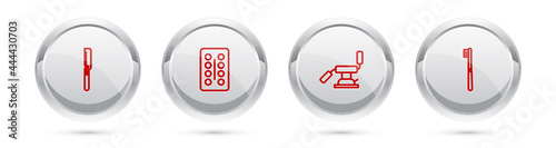 Set line Medical saw, Pills in blister pack, dental chair and Toothbrush. Silver circle button. Vector