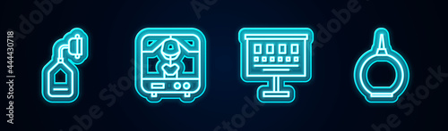 Set line Medical oxygen mask, X-ray machine, Eye test chart and Enema. Glowing neon icon. Vector