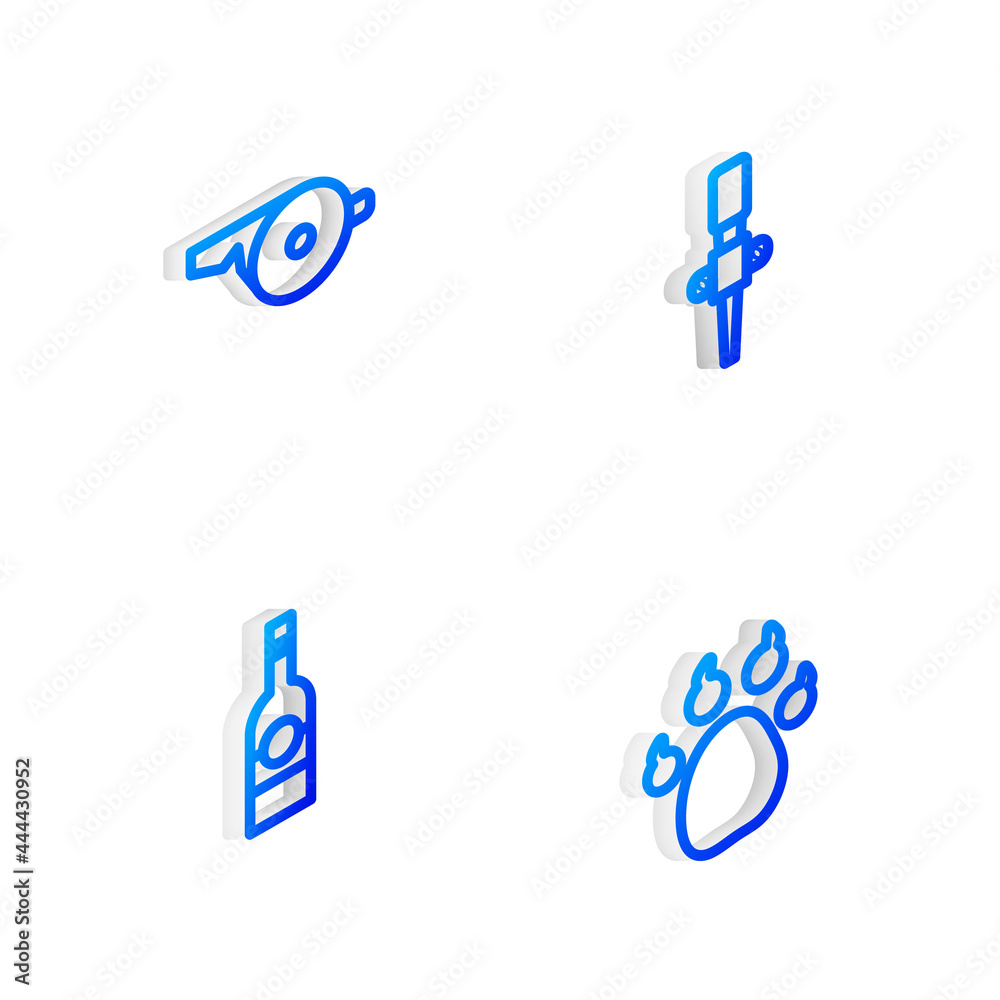 Set Isometric line Torch flame, Whistle, Bottle of vodka and Paw print icon. Vector Set Isometric line Torch flame, Whistle, Bottle of vodka and Paw print icon. Vector