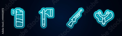 Set line Pepper spray, Wooden axe, Shotgun and Slingshot. Glowing neon icon. Vector