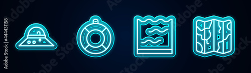 Set line Fisherman hat, Lifebuoy, Aquarium and Folded map. Glowing neon icon. Vector