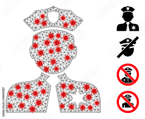 Mesh police person with outbreak style. Mesh carcass police person image in low poly style with structured linear items and red coronavirus items. photo