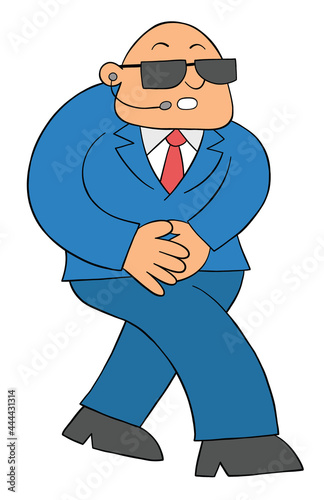 Cartoon burly bodyguard man walking, vector illustration.