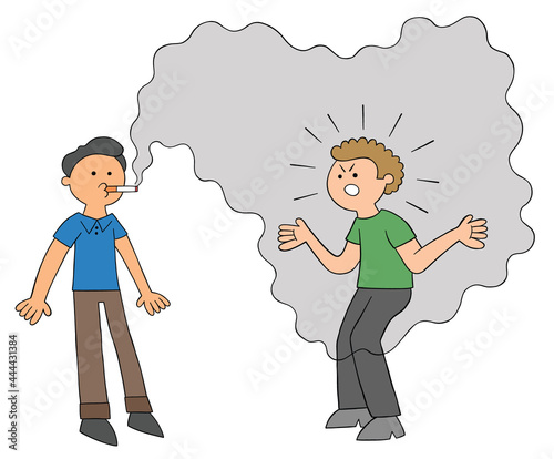 Cartoon addicted man smokes and other man is annoyed by the smoke and gets angry, vector illustration