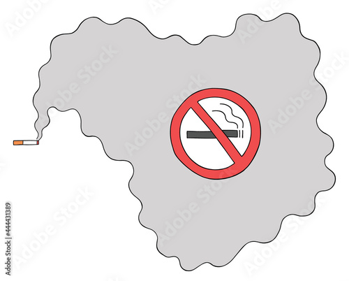 Cartoon smoking cigarette in a no smoking place, vector illustration