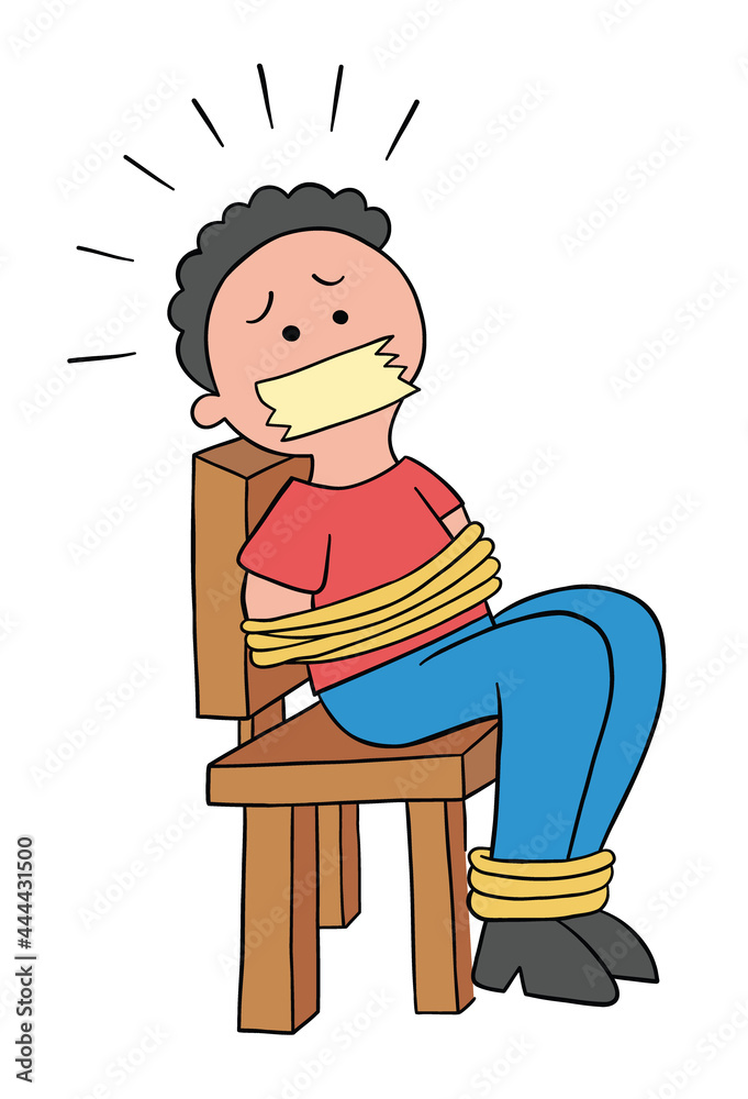Cartoon man taken hostage, tied with rope and gagged, vector ...