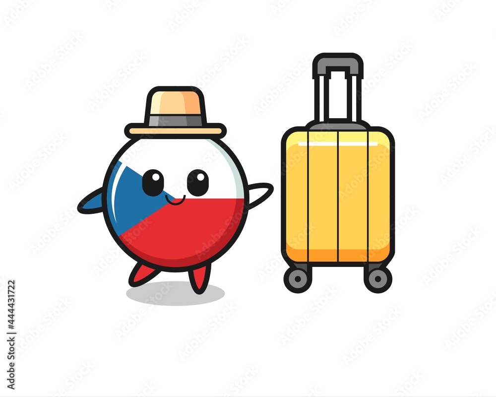 czech flag badge cartoon illustration with luggage on vacation