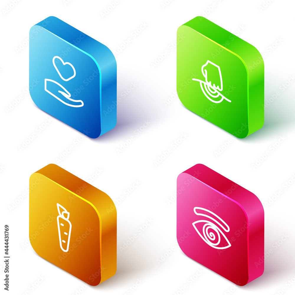 Set Isometric line Heart in hand, Massage, Carrot and Hypnosis icon. Vector Set Isometric line Heart in hand, Massage, Carrot and Hypnosis icon. Vector