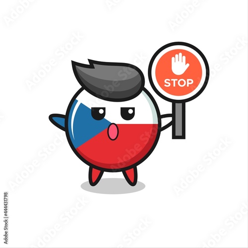 czech flag badge character illustration holding a stop sign