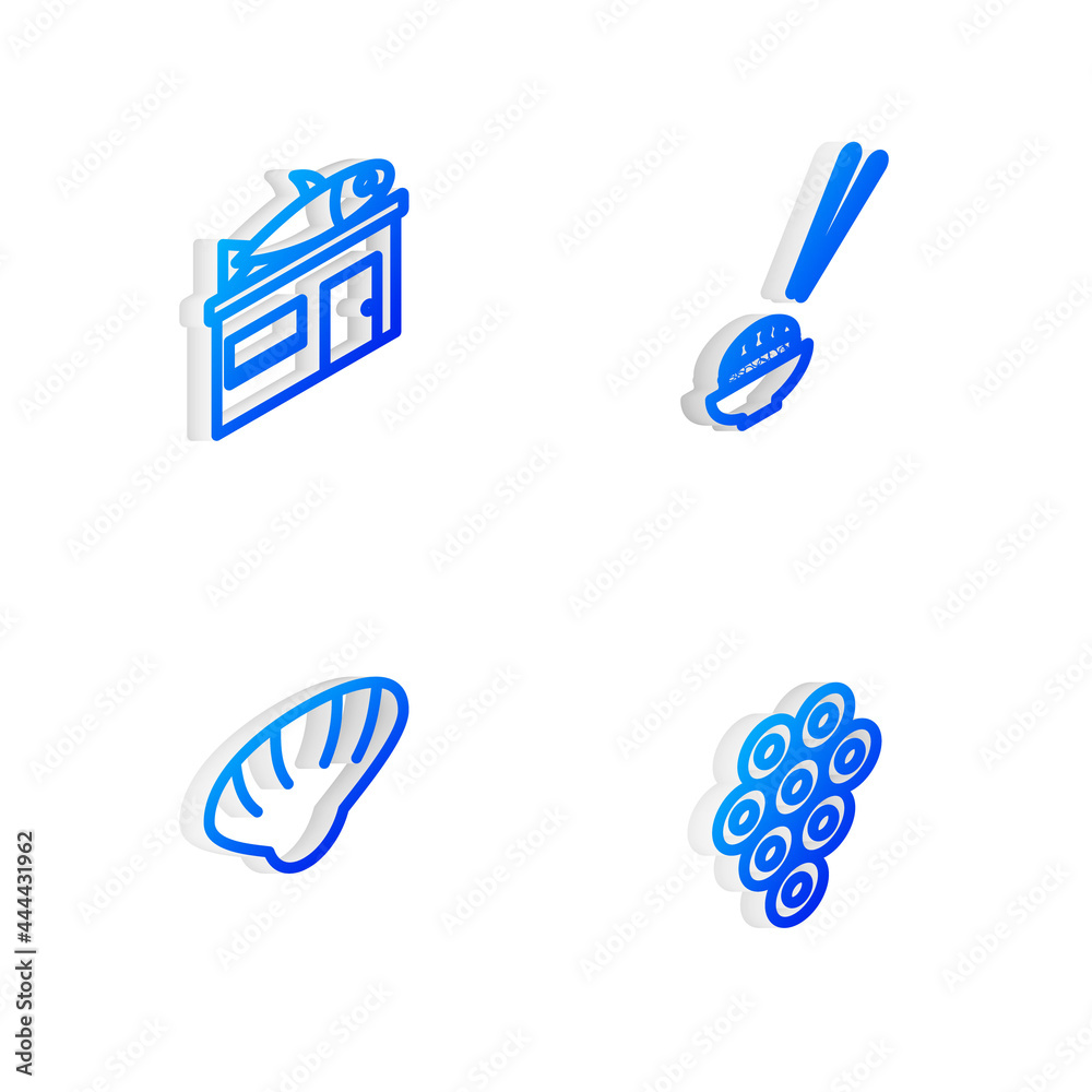 Set Isometric line Sushi, Seafood store, Scallop sea shell and Caviar icon. Vector