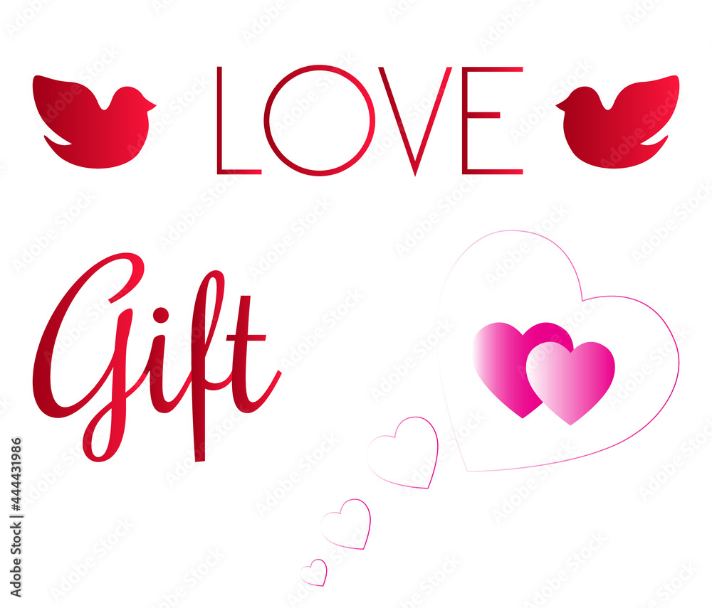 Valentine love icons elements set including LOVE, dove bird, gift, pink gradient hearts on white background Valentine love icons elements set including LOVE, dove bird, gift, pink gradient hearts on white background