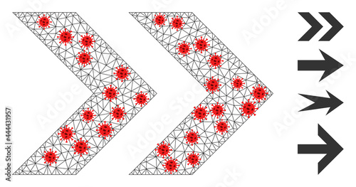 Polygonal shift right in infection style. Polygonal carcass shift right image in low poly style with structured linear items and red covid items.