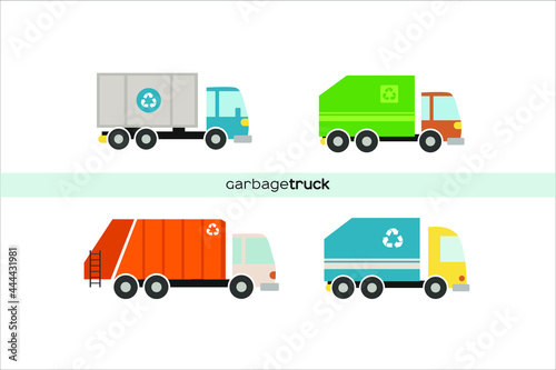 Set of different garbage trucks sorting waste. Trucks transporting waste set of lorries loaded container having recycling sign transport collection raster illustration isolated on white background