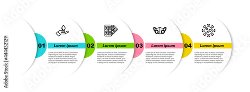 Set line Washing hands with soap, Pills blister pack, Medical protective mask and Virus. Business infographic template. Vector