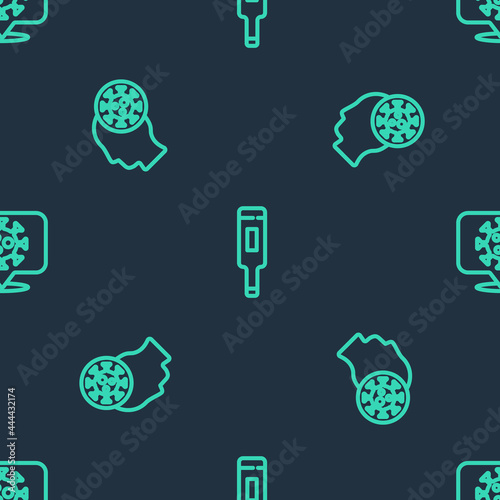 Set line Medical thermometer, Human and virus and Corona on location on seamless pattern. Vector