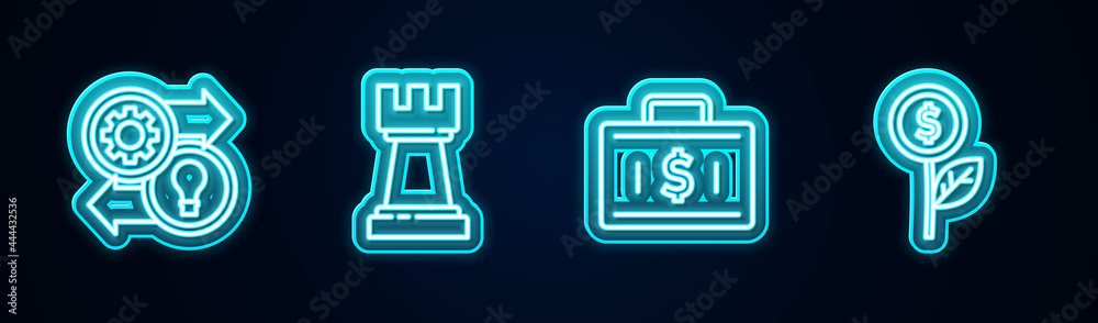 Set line Human resources, Chess, Briefcase and money and Dollar plant. Glowing neon icon. Vector Set line Human resources, Chess, Briefcase and money and Dollar plant. Glowing neon icon. Vector