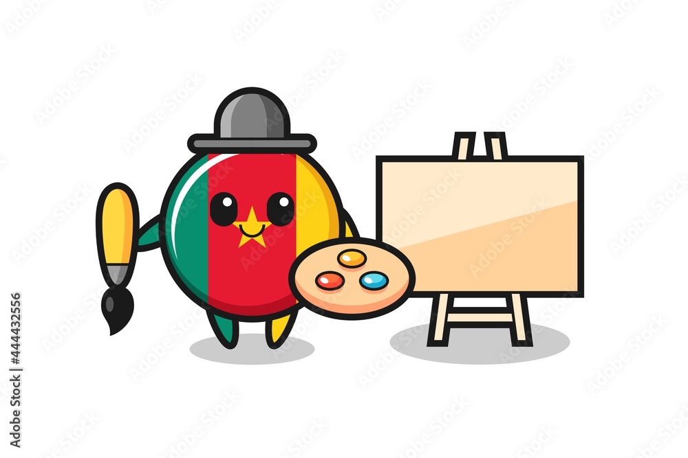 Illustration of cameroon flag badge mascot as a painter