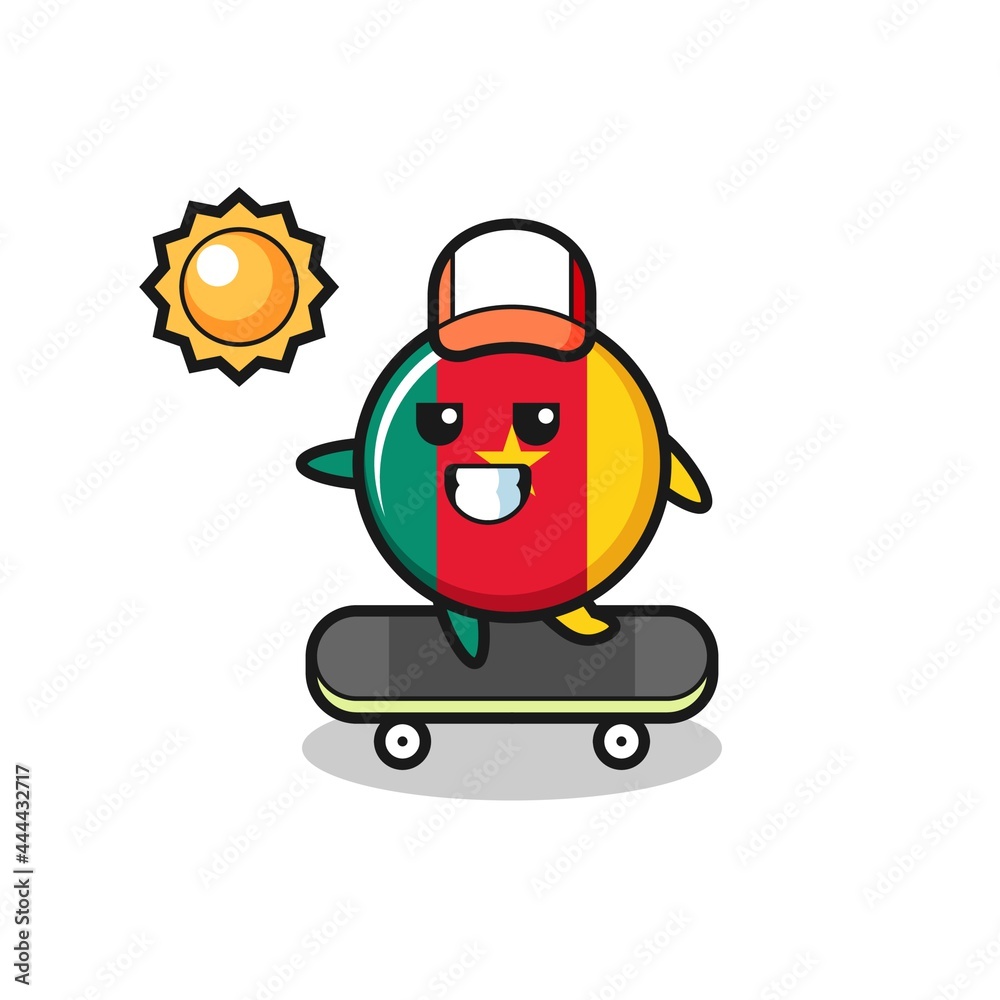 cameroon flag badge character illustration ride a skateboard